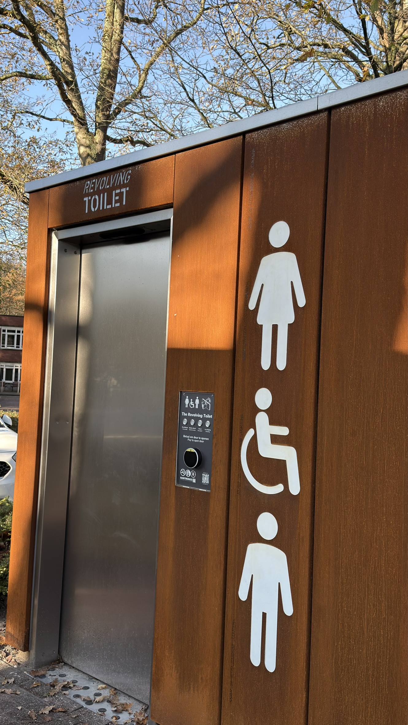 Corten steel public restroom at Parking Berkhei