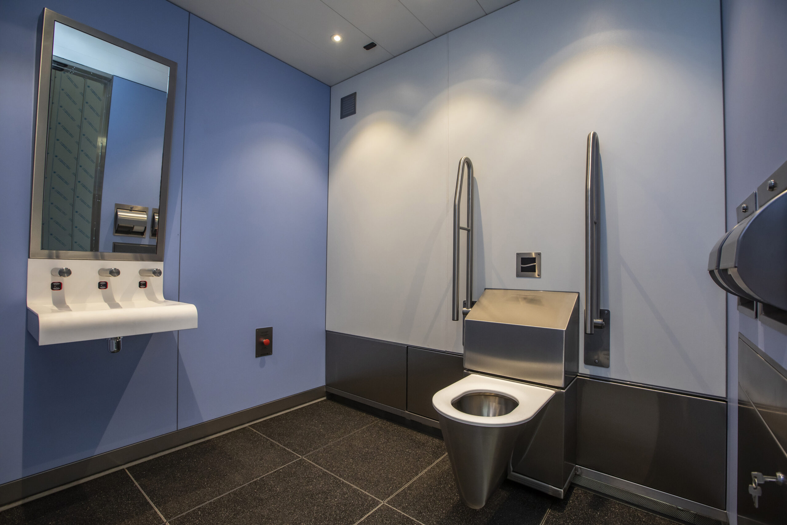 Interior of a self-cleaning restroom